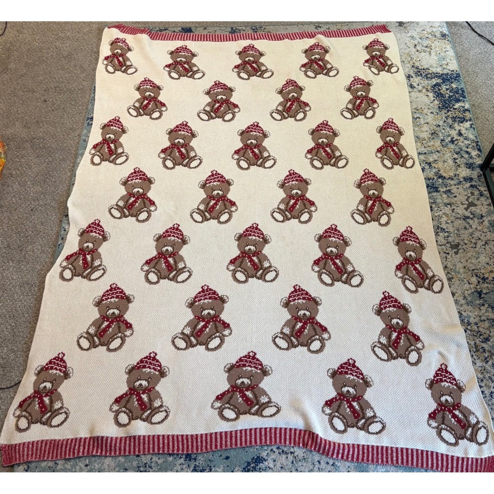 Vintage Sincerely Santa Teddy Bear Thick Knit Sweater Christmas Blanket  50x72